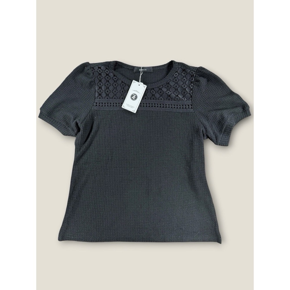 Zesica NWT Black Lace Crochet Knit Short Sleeve Top Blouse Waffle Size L